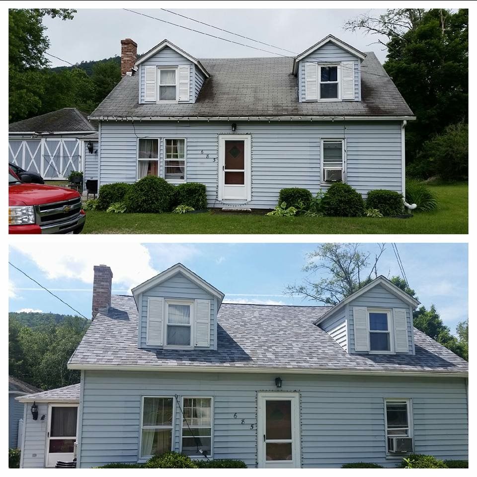Before and after photos of a light blue house. The roof and siding are cleaned, appearing brighter in the bottom image.