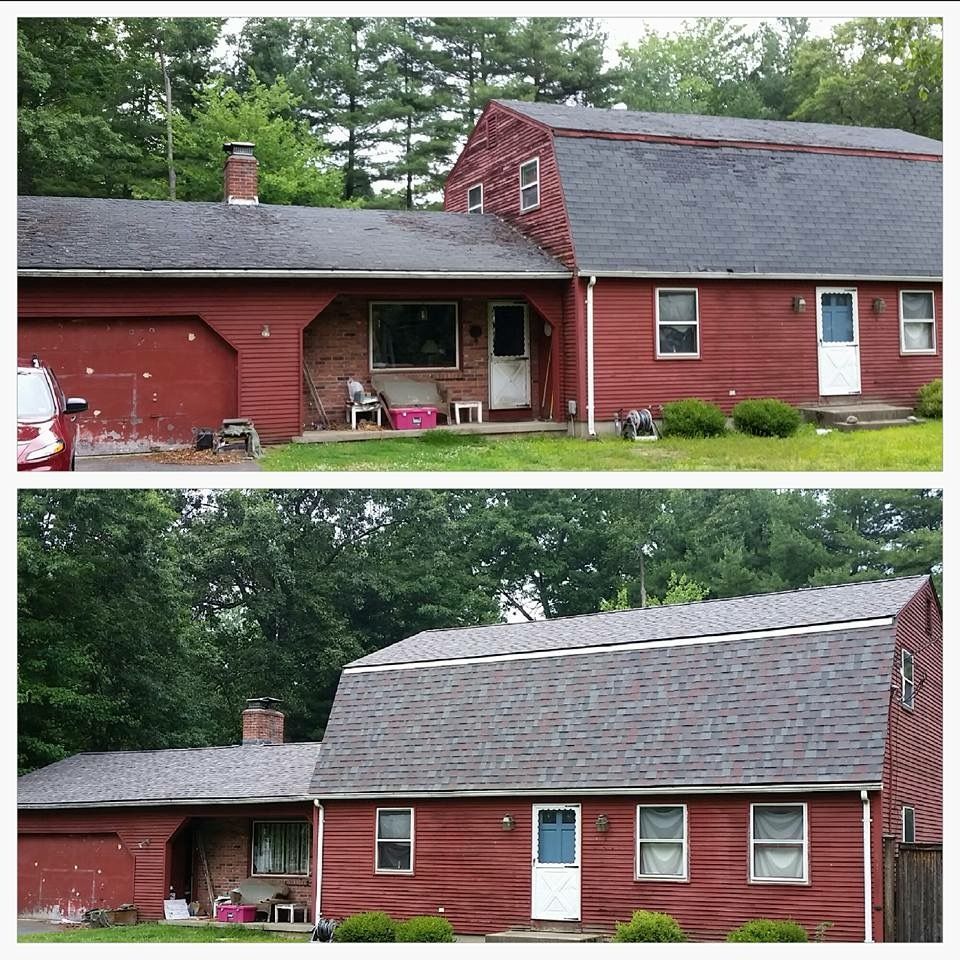 Two images of a red house with a dark gray roof. The top image shows the house's weathered exterior. The bottom shows it after a roof repair.