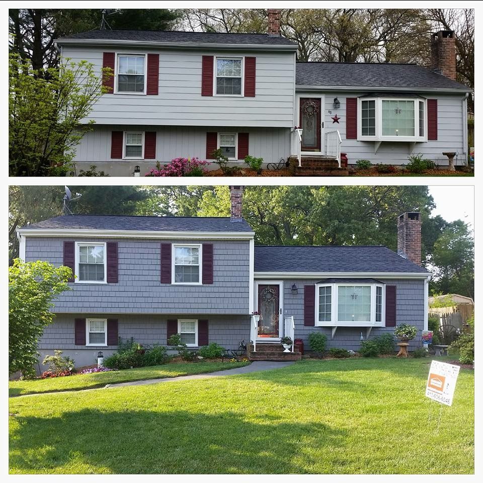 Before and after comparison of a two-story house with gray siding, a dark roof, and red trim.