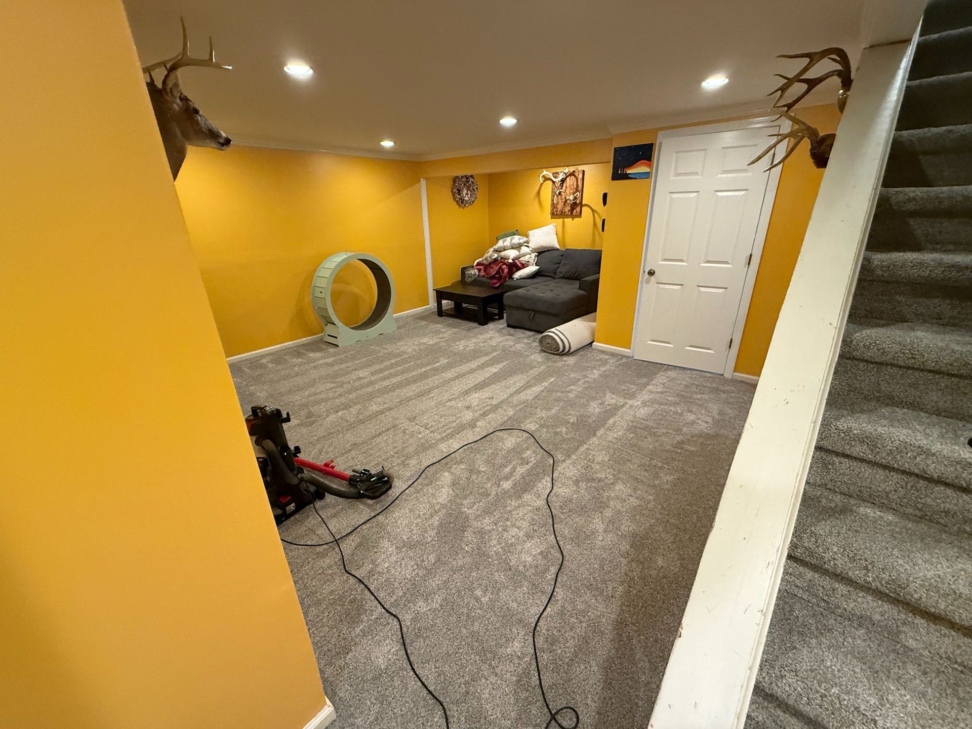 Basement room with gray carpet, yellow walls, and a staircase. A couch, door, and a bow are visible.