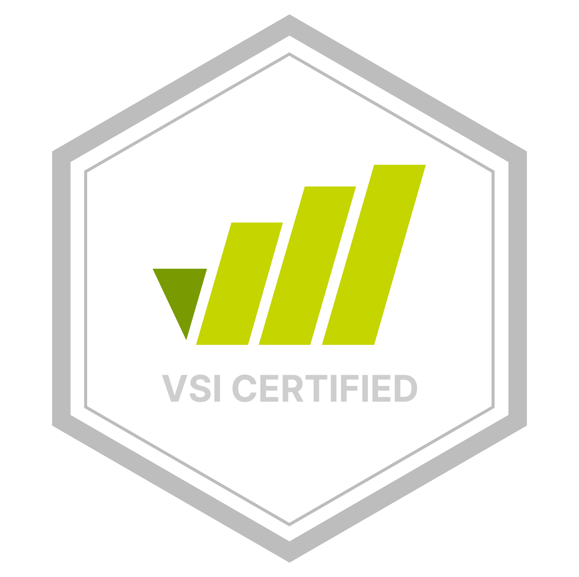 A vsi certified logo in a hexagon on a white background.
