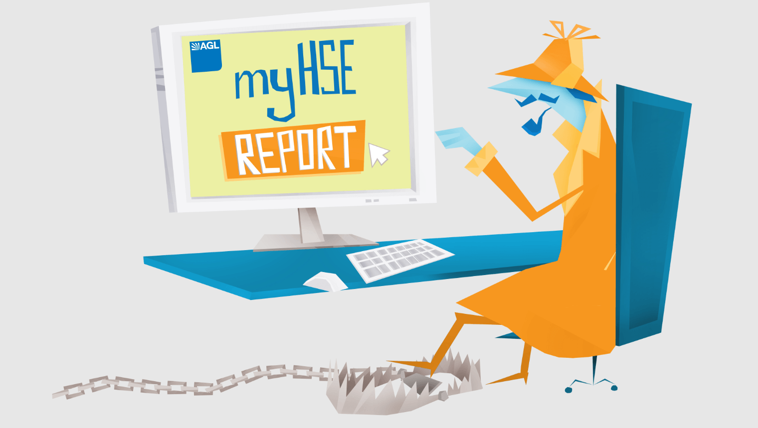 An illustrated character looking at the myHSE report on a computer