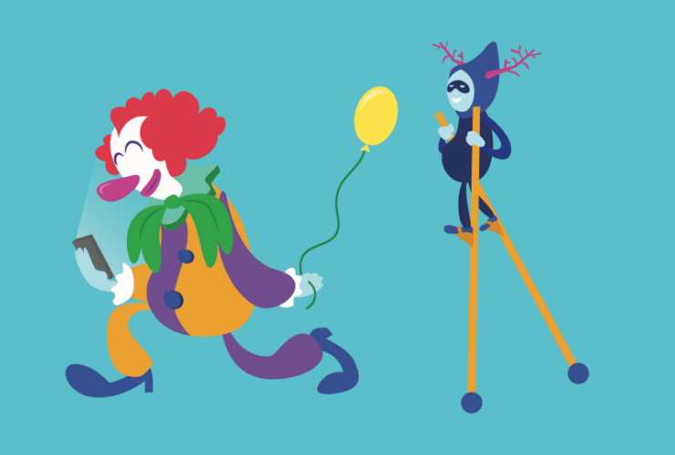 A clown and character on stilts
