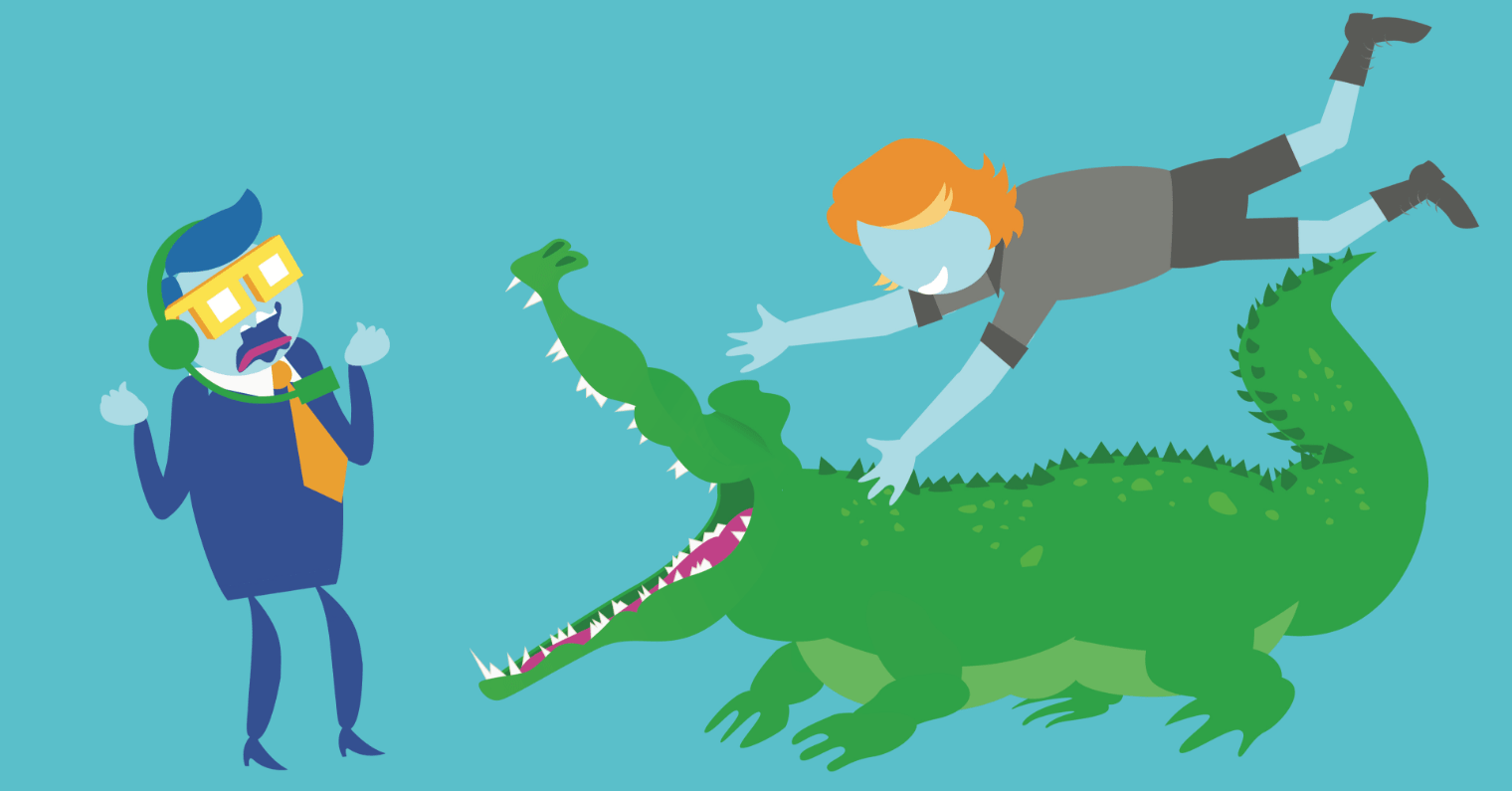 Two illustrated characters wrestling a crocodile