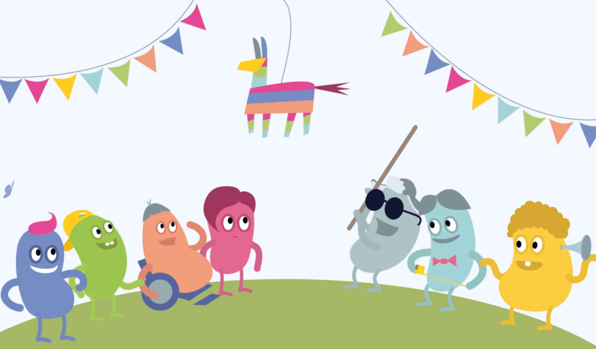 A group of illustrated players hitting a piñata