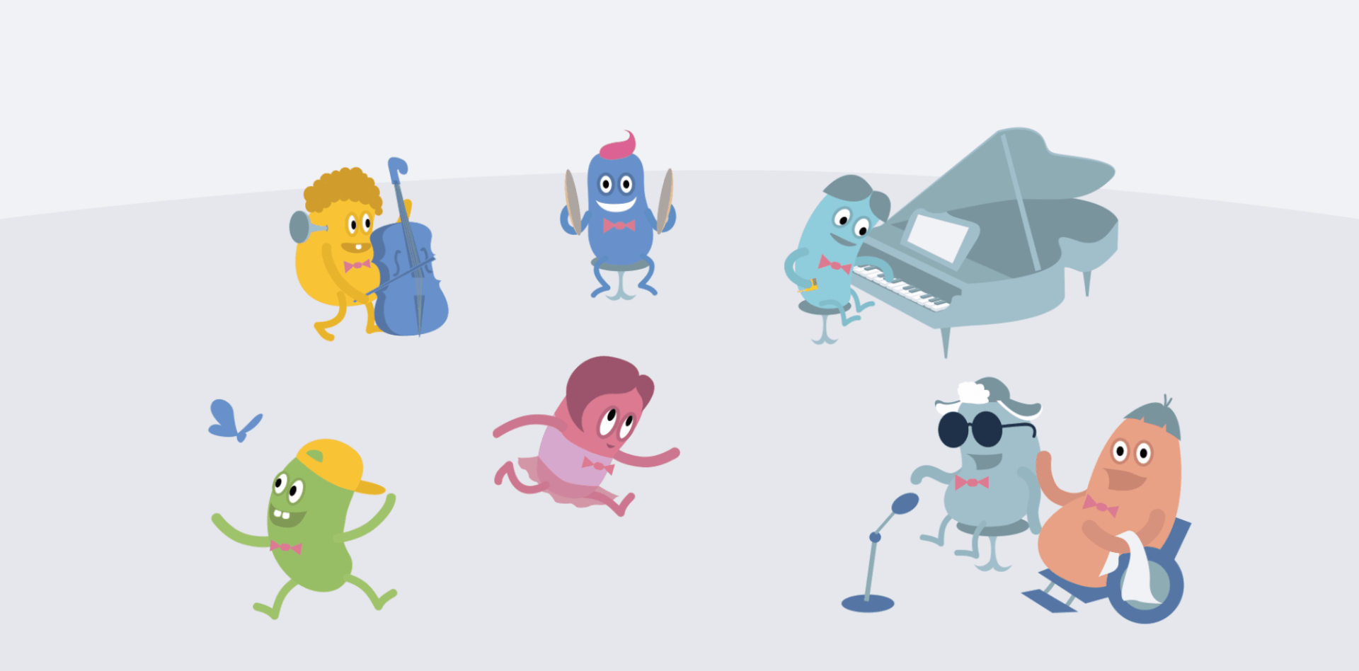 A group of illustrated characters playing different musical instruments