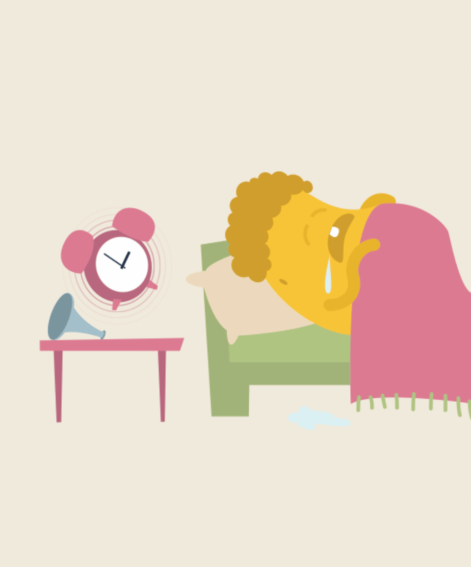 An illustrated character sleeping whilst the alarm rings