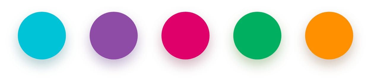 The 5 different branding colours, blue, purple, pink, green and orange