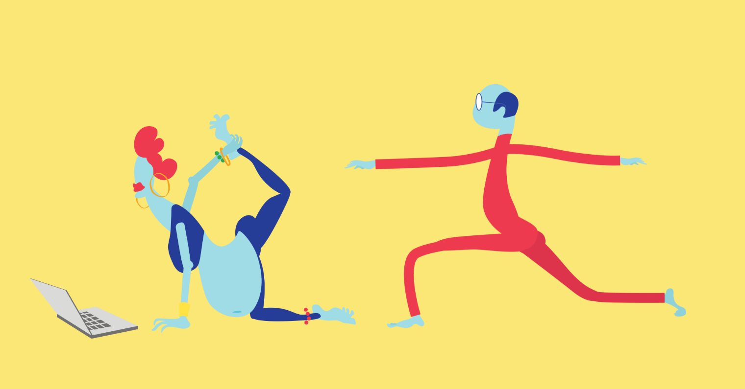 Two illustrated characters using a laptop and exercising