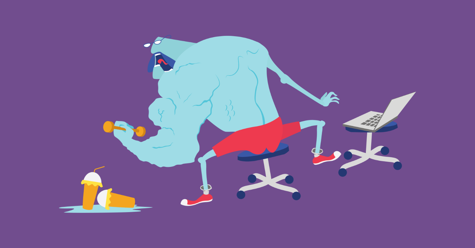 An illustrated character lifting weights and using a computer