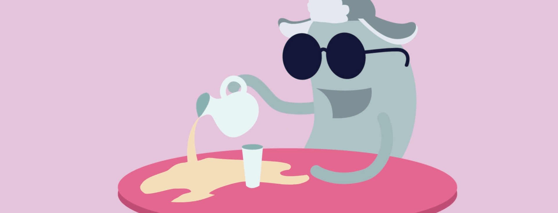 An illustrated character pouring a drink and missing the cup