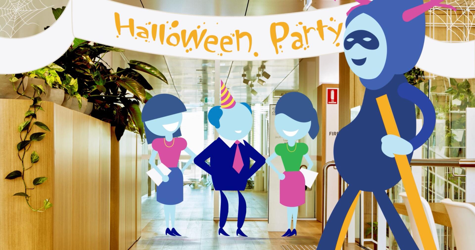 AGL illustrated characters at a Halloween party