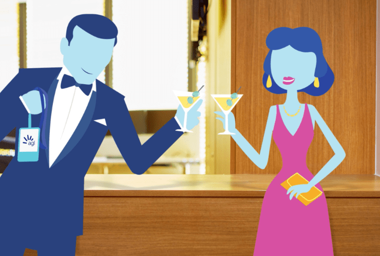 Two smartly dressed AGL illustrated characters having a drink together