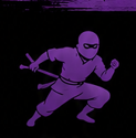 Purple ninja silhouette in a fighting stance with swords on a dark background