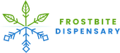 Logo for Frostbite Dispensary: a green and blue design of a marijuana leaf and snowflake. Text reads “FROSTBITE DISPENSARY”.