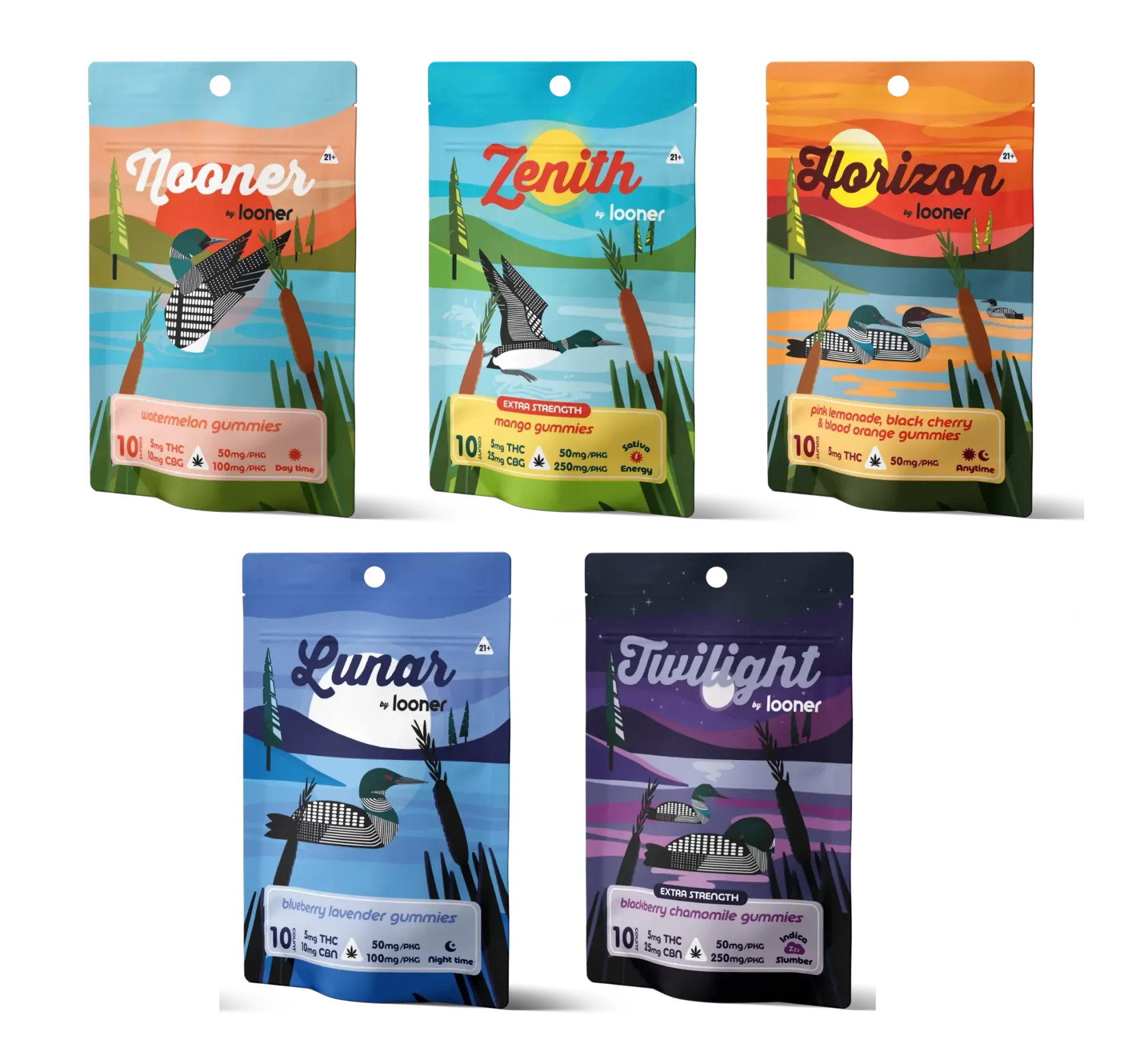 Five pouches of Looper gummies, each with a different label and a loon illustration, in colorful settings.