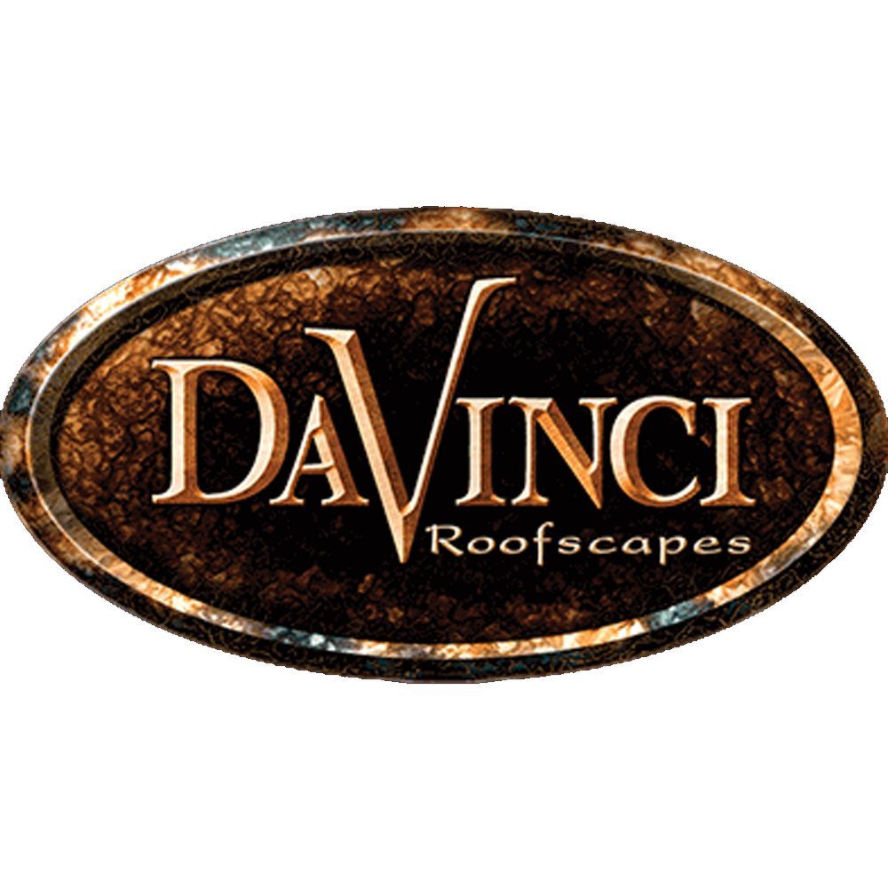 DaVinci Roofscapes logo: brown, oval frame with gold text.