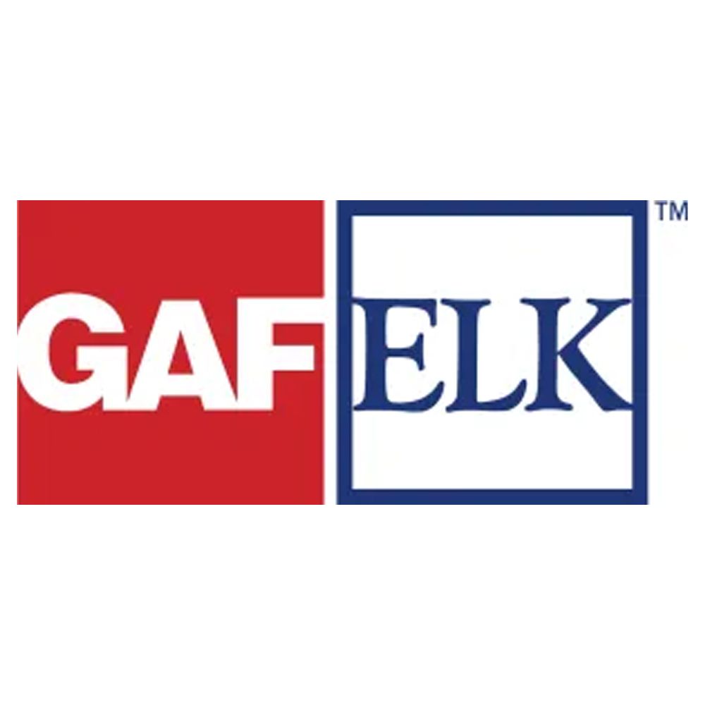 GAF ELK logo, red and white square with “GAF” and blue and white square with “ELK” text.