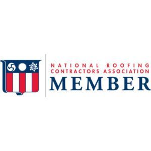 Logo of the National Roofing Contractors Association: Shield with red and white stripes, text 