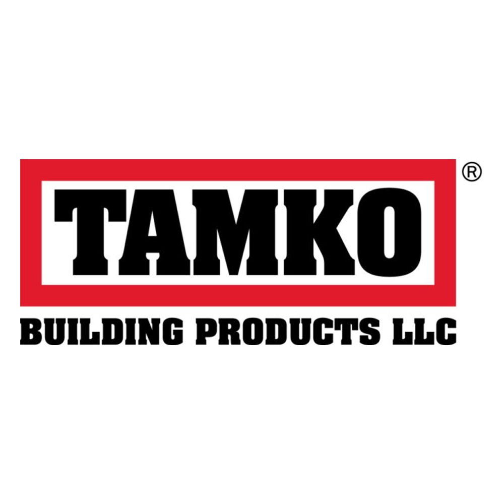 Logo for TAMKO Building Products LLC, black text in a red and white rectangle.