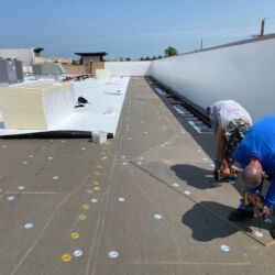 Two workers installing roofing material on a flat roof on a sunny day.