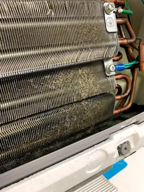 A close up of a refrigerator 's evaporator with copper pipes.