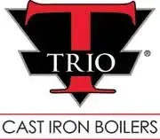 The logo for trio cast iron boilers is red and black.