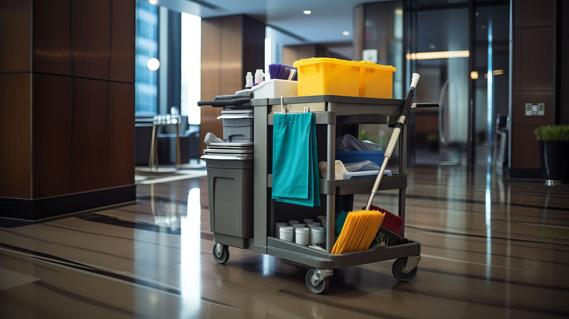Cleaning cart with supplies positioned in a modern office lobby hallway.