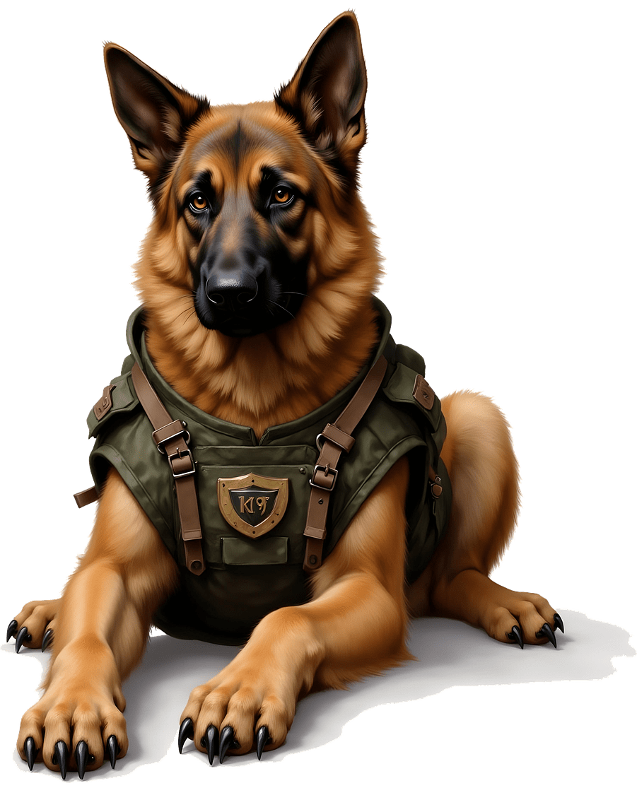 German Shepherd dog in olive green tactical vest, resting on white.