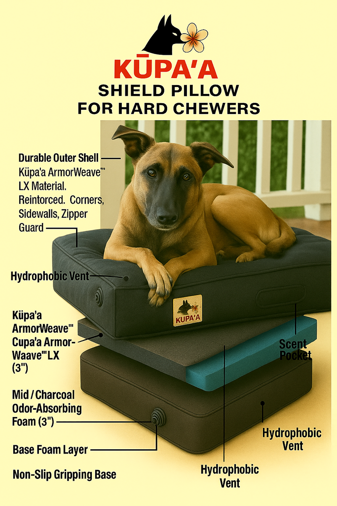 A dog bed made for dogs, with a German Shepherd lying on it.