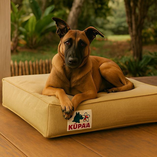 Dog, brown and black, lying on a bed outdoors.