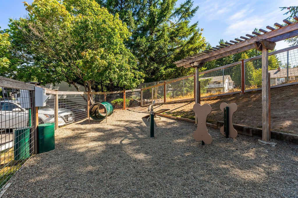 Dog park with gravel ground, wooden structures, and bone-shaped obstacles; trees in the background.