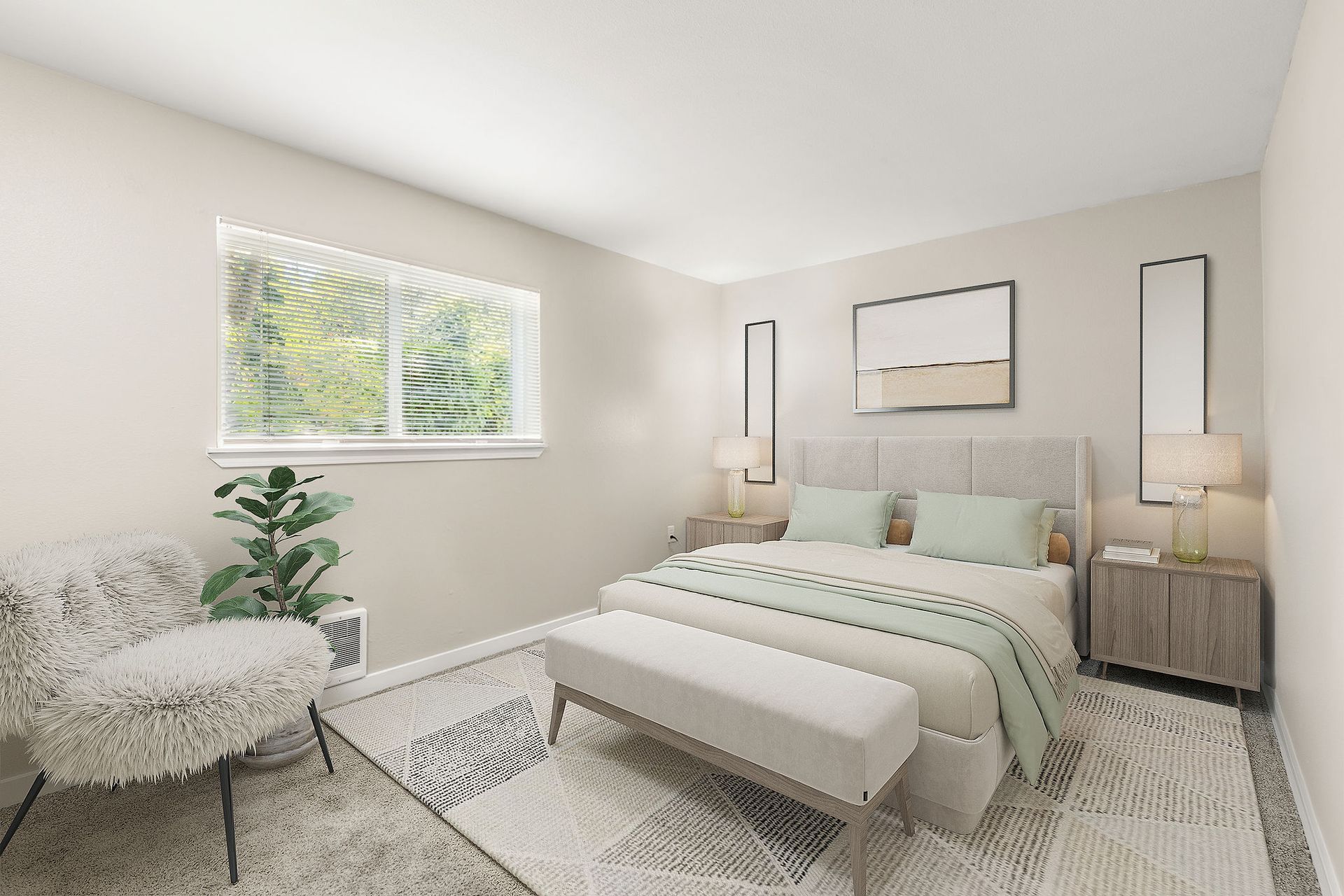 Bedroom with bed, bench, chair, rug, window. Neutral colors, light and airy.