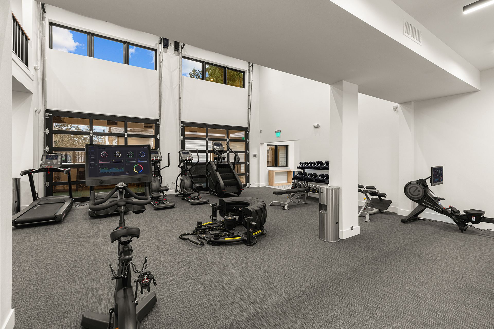 Gym with exercise equipment: treadmill, bike, rower, weights, and weight bench. Glass windows and white walls.