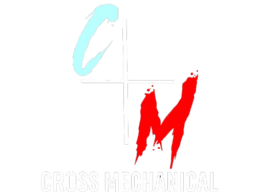 Logo for Cross Mechanical. Features "C" in light blue, "M" in red, and "Cross Mechanical" below in white.