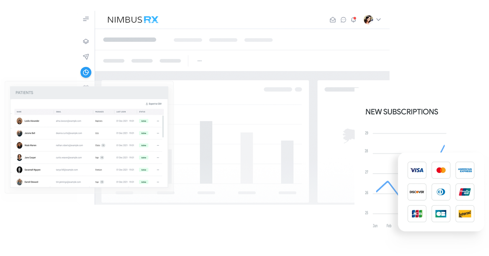 A screenshot of a website with a dashboard and a payment card.