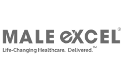 A black and white logo for male excel life-changing healthcare delivered.