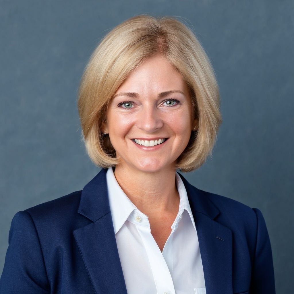 A woman in a blue jacket and white shirt is smiling for the camera.