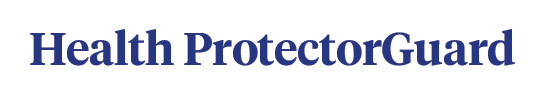 A blue logo for health protector guard on a white background