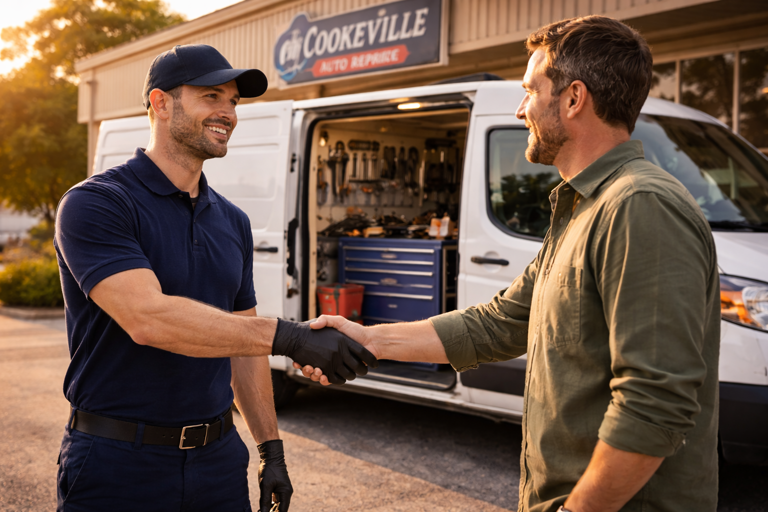 Mechanic shakes hands with a customer next to a repair van.