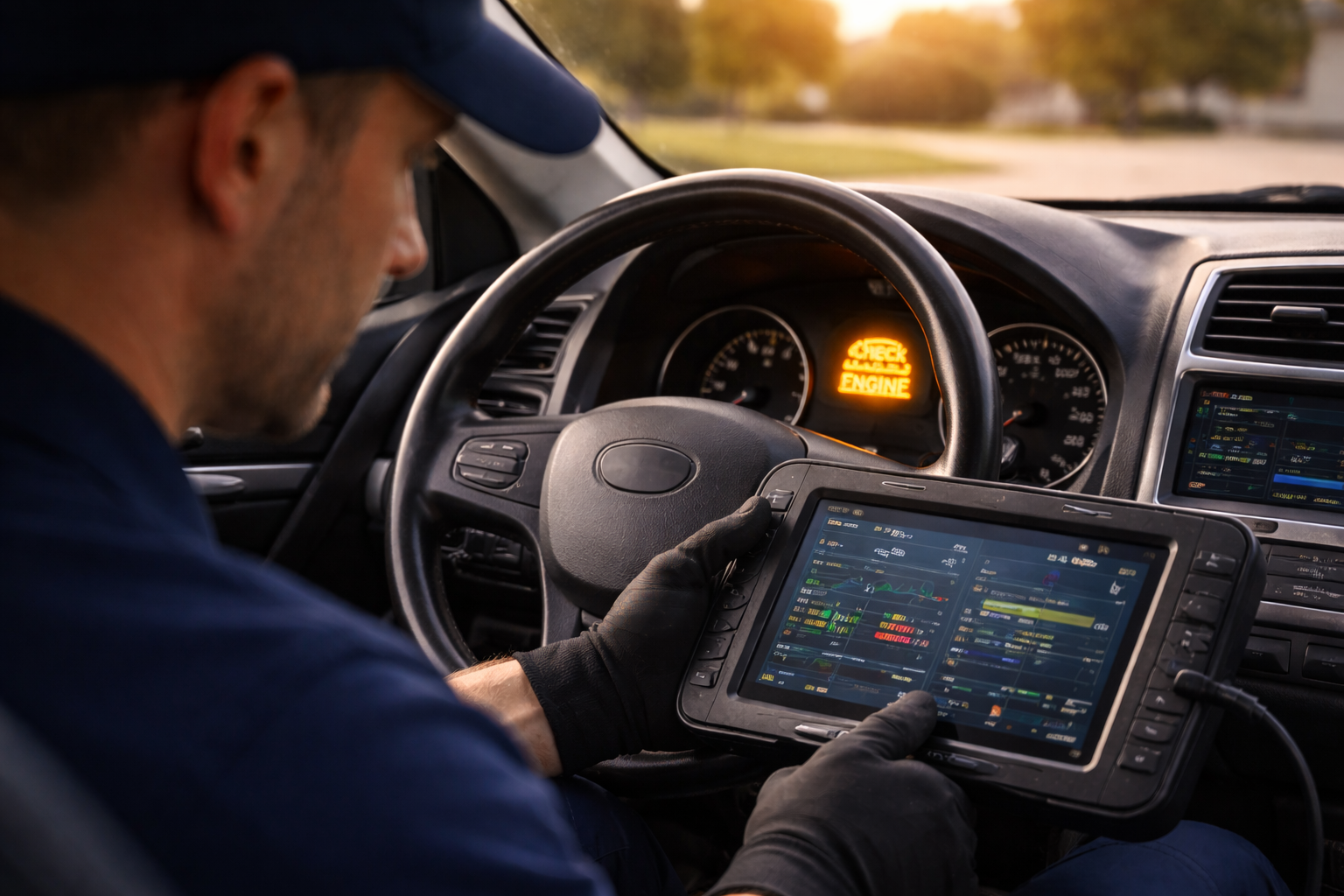 Mechanic using a diagnostic tablet inside a car. The screen shows data.
