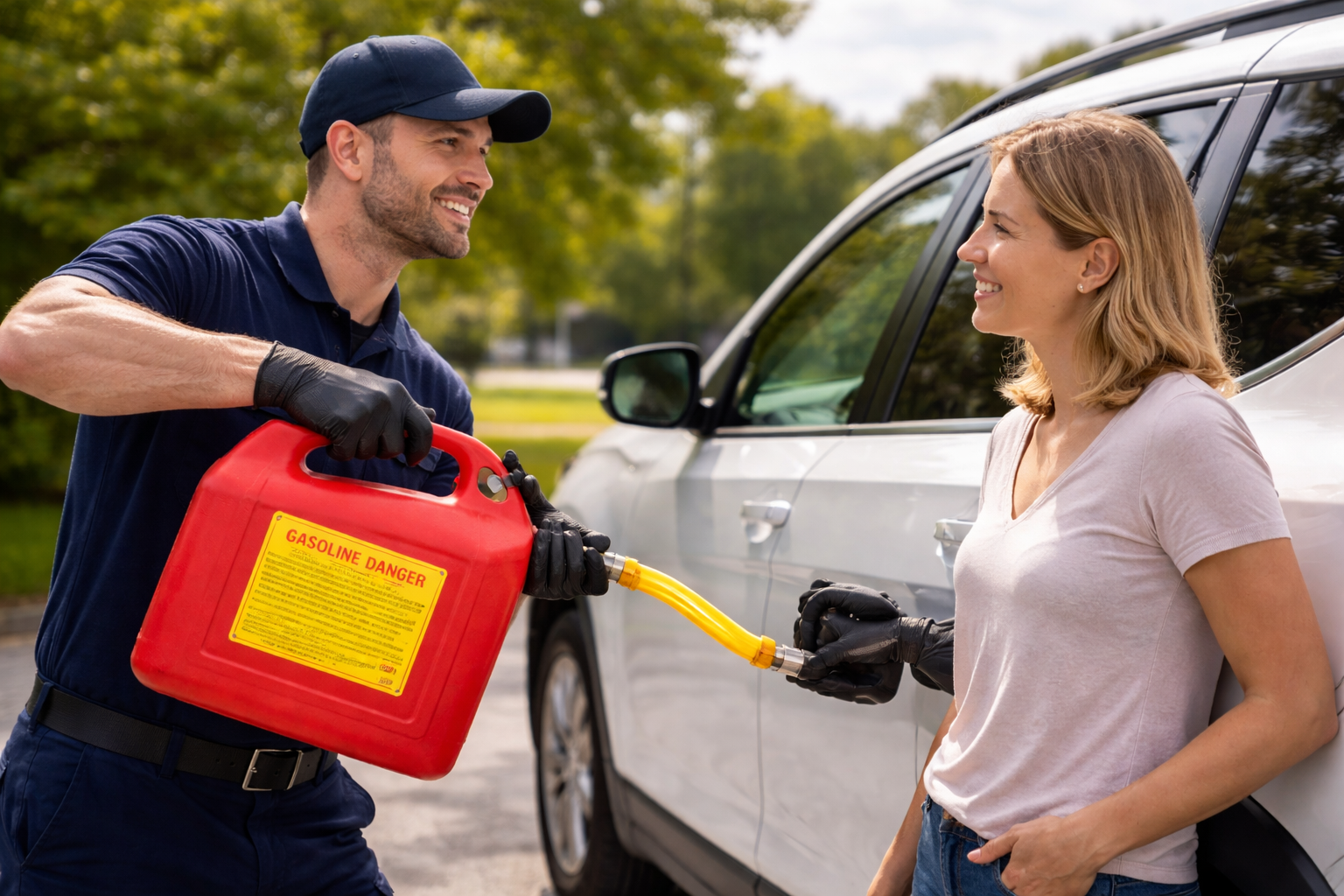 Man in blue uniform filling car with gas from a red can. Woman watches, smiling, by a white car. Outdoor setting.