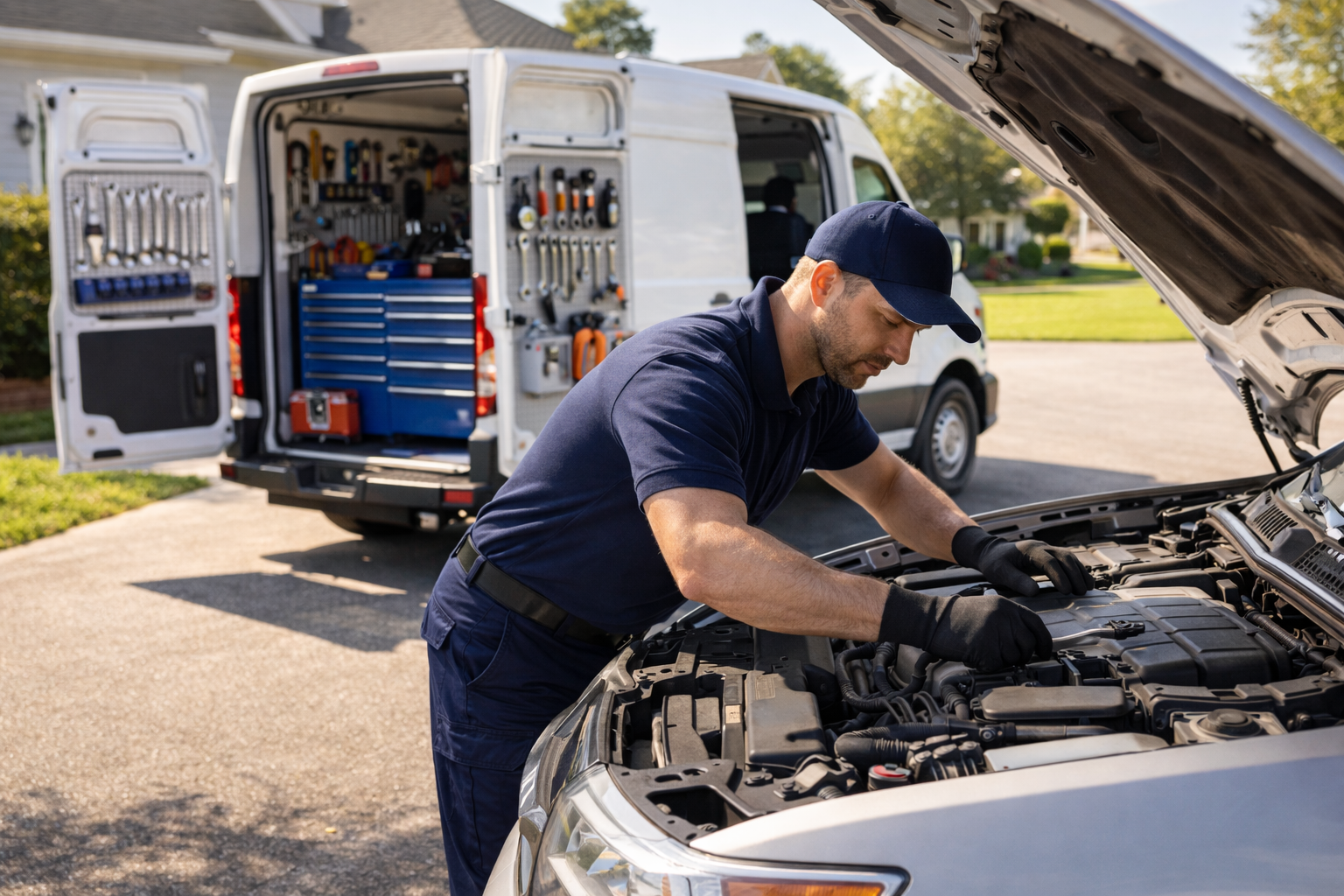 Mechanic working on a car engine with a van full of tools in the background.