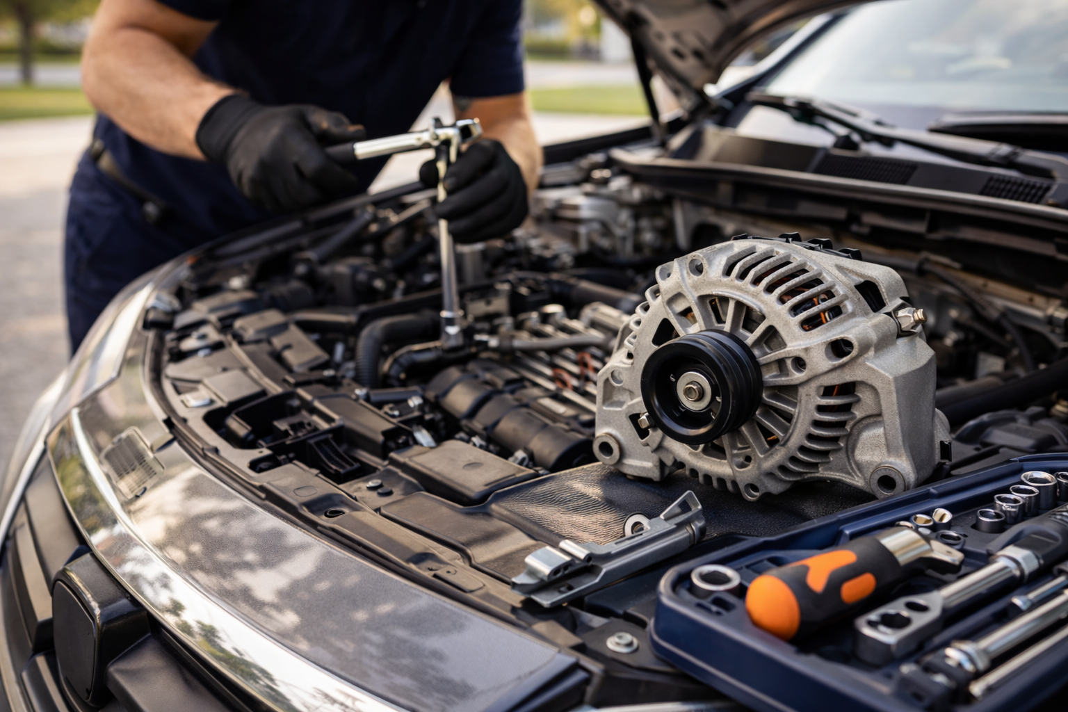 Mechanic working on a car engine outdoors, with a new alternator and tools visible.