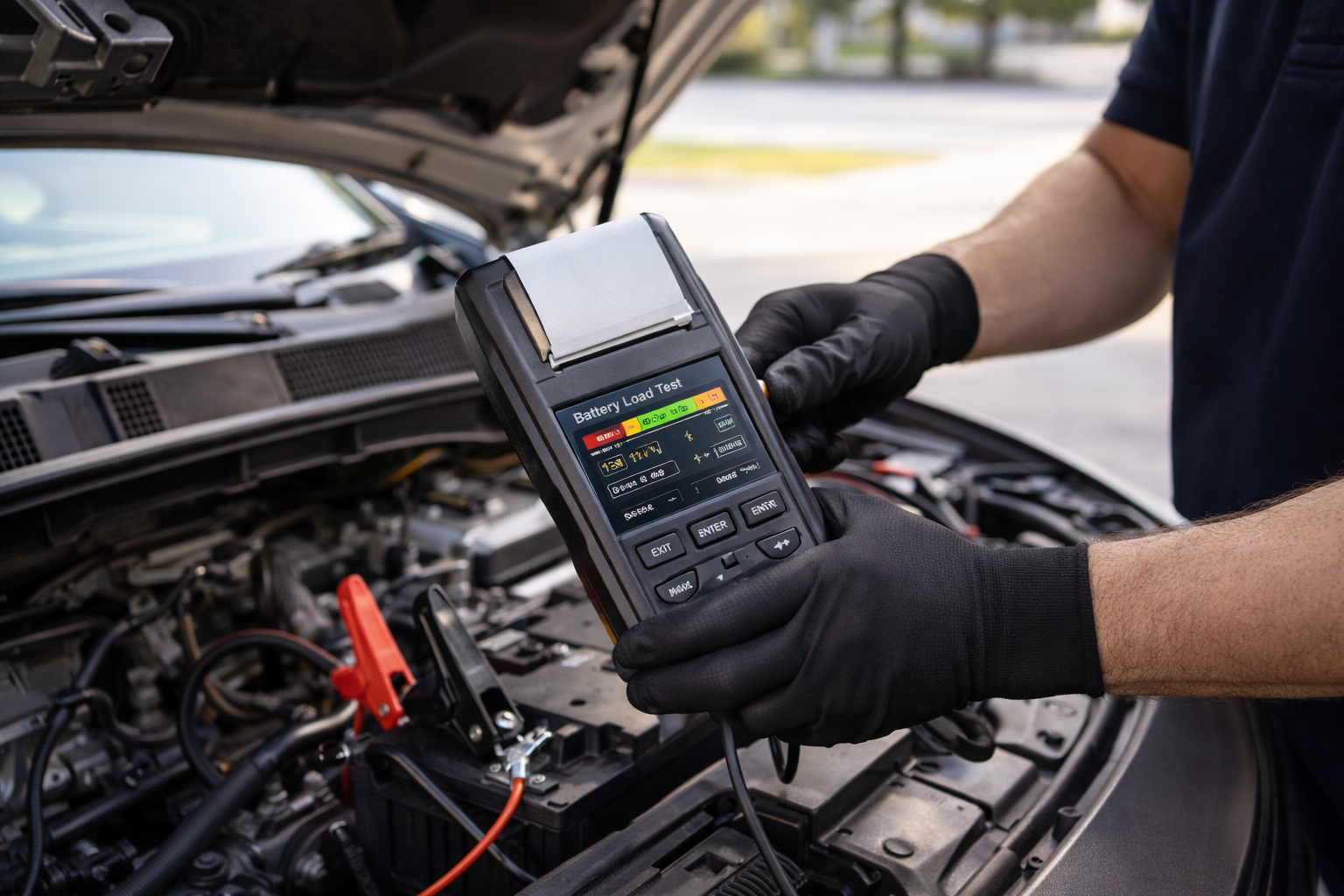 Mechanic in black gloves using a battery tester under a car hood; red and black cables connected.