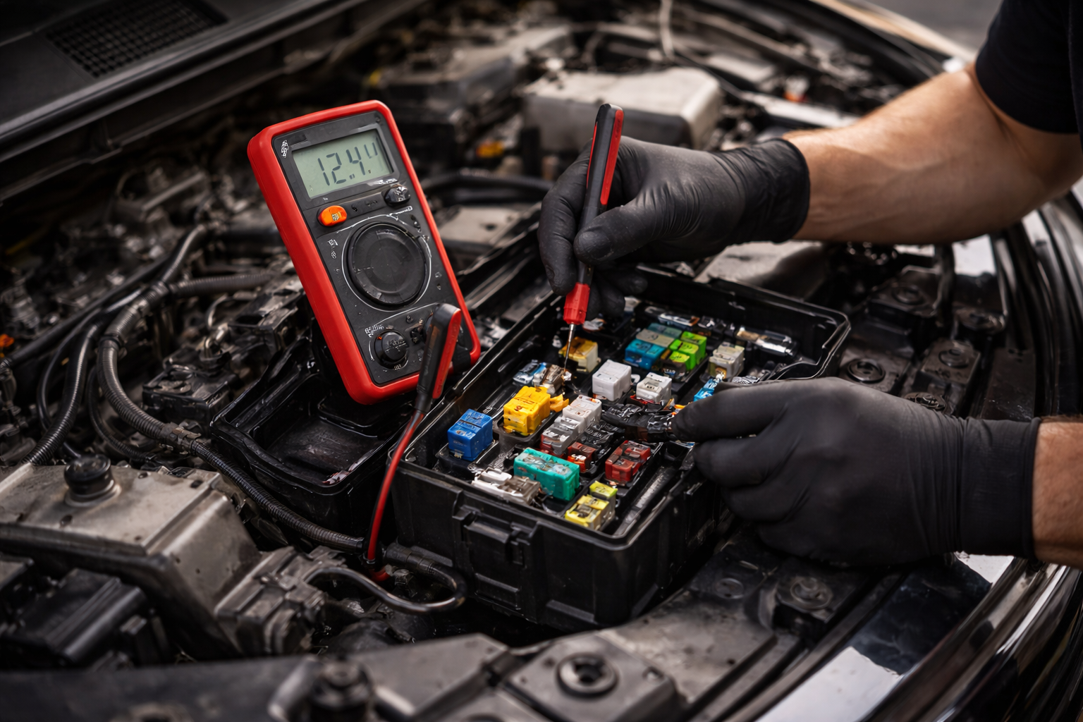 Person in black gloves using a multimeter to test fuses in a car engine bay. Red and black meter probes.