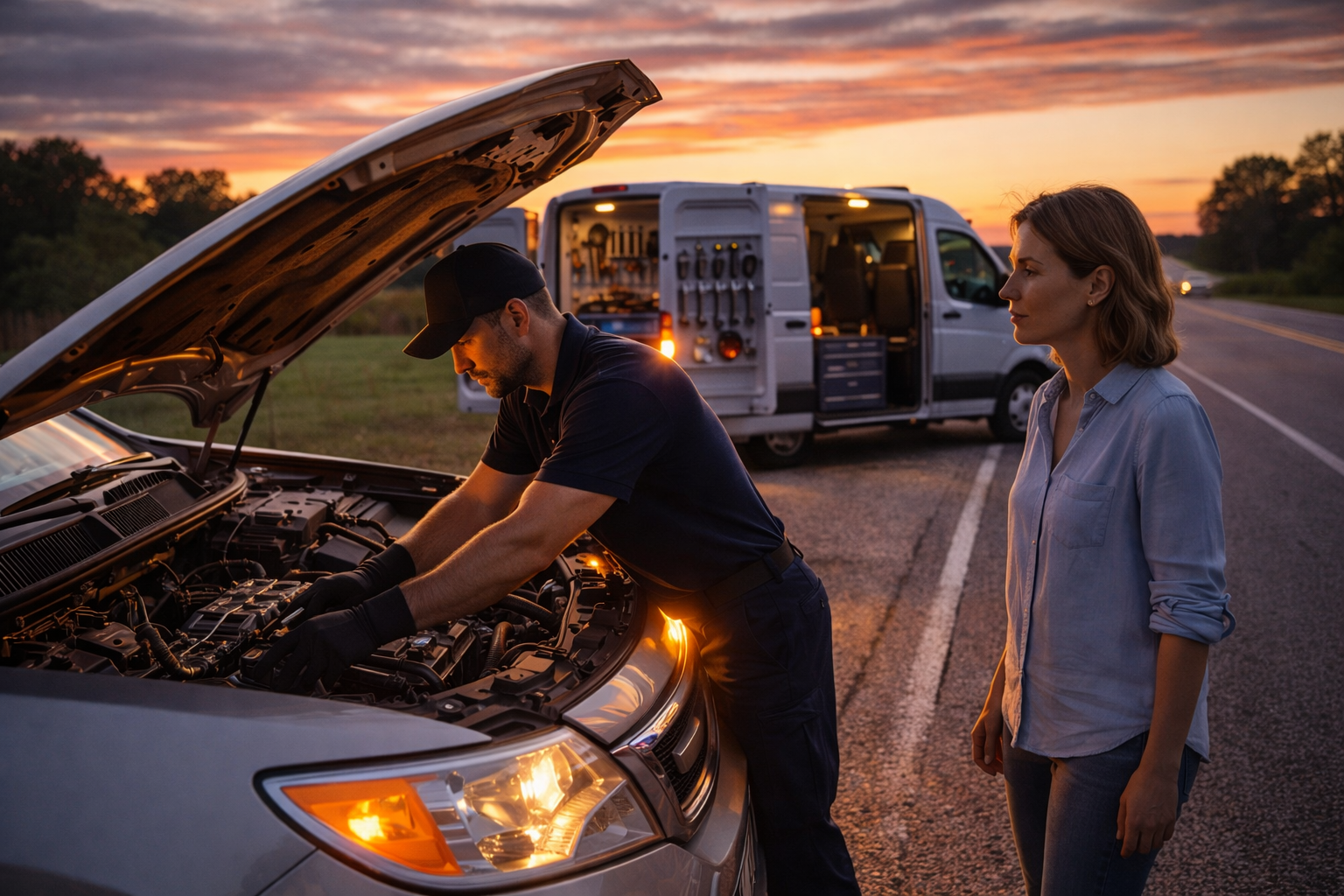 Mechanic working on a car with a woman watching; repair van in background, sunset.