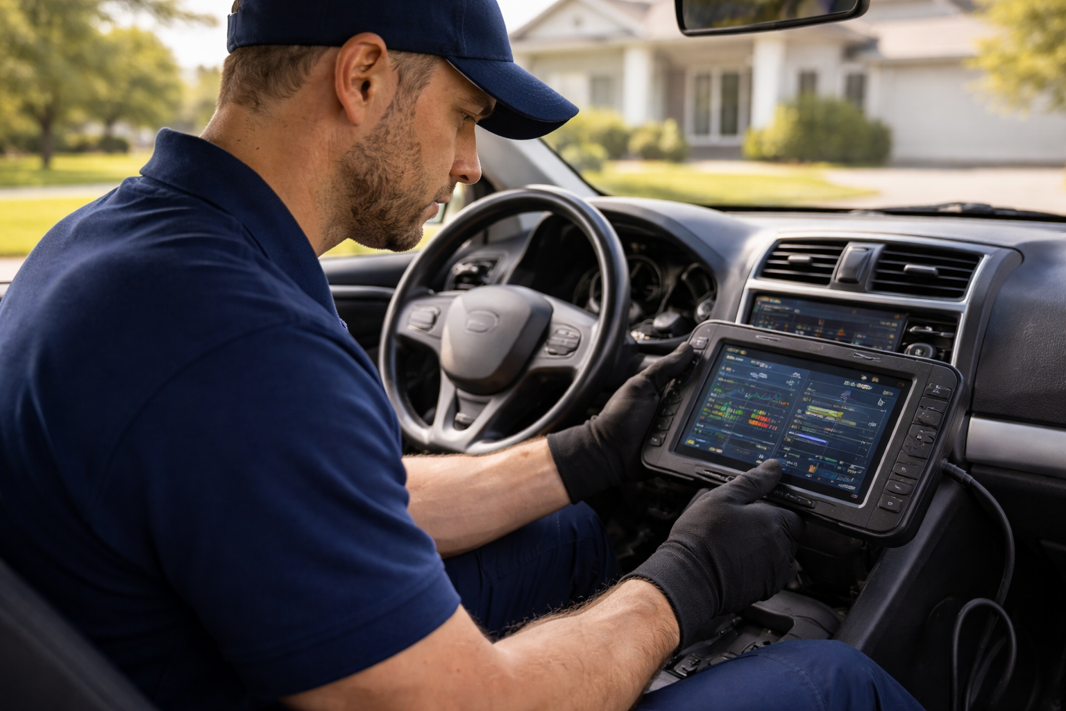 Mechanic in car, using a diagnostic tablet. He wears black gloves and a blue cap, checking the car's computer.