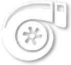 White stylized turbocharger symbol.