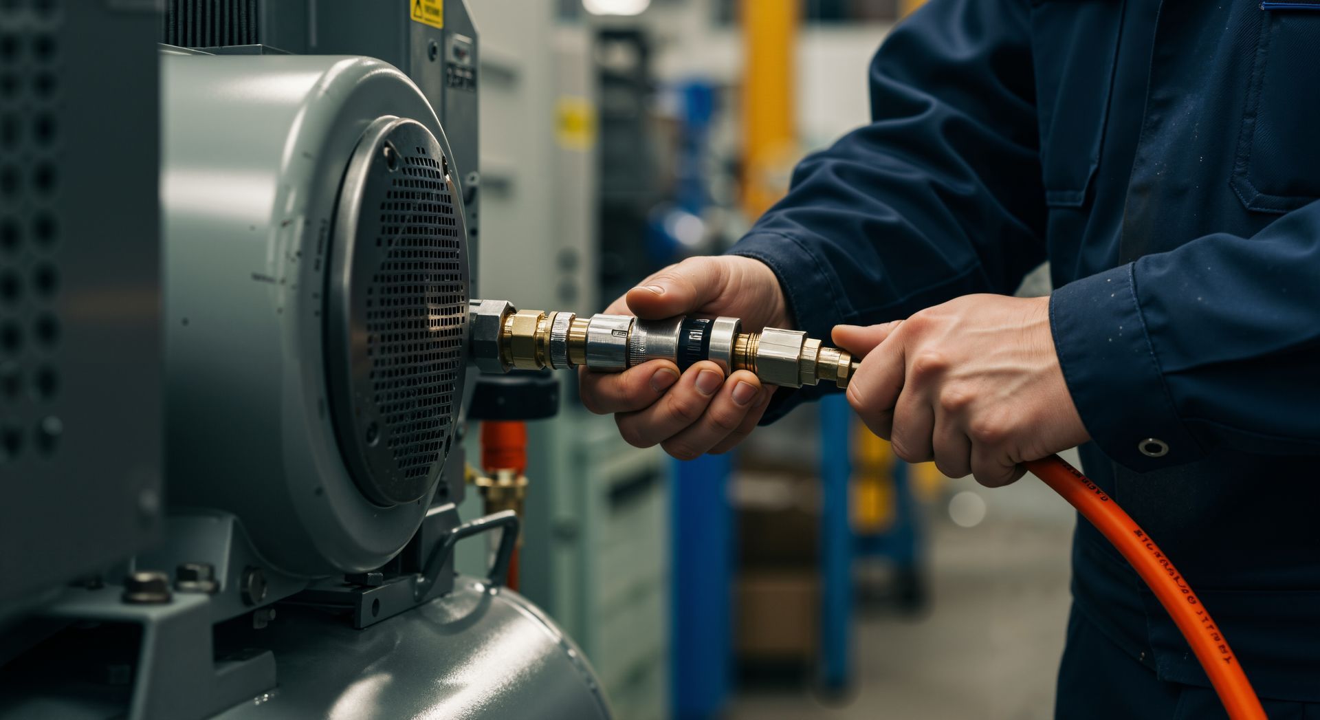 A person in blue overalls connects an air hose to an industrial machine.